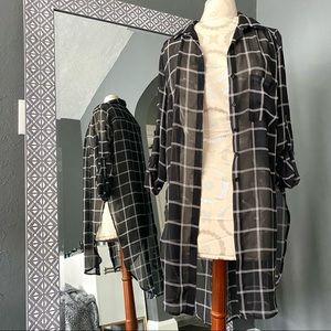 LUSH Black & White Sheer Plaid Long Button Up Pocket Shirt Top